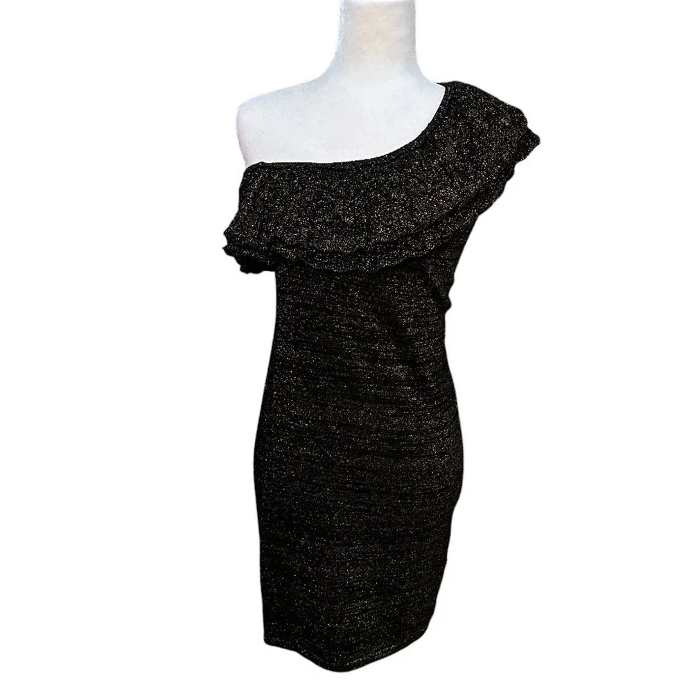 TRINA TURK Black/Gold Metallic Threading Knit One Shoulder Ruffle Dress - Small